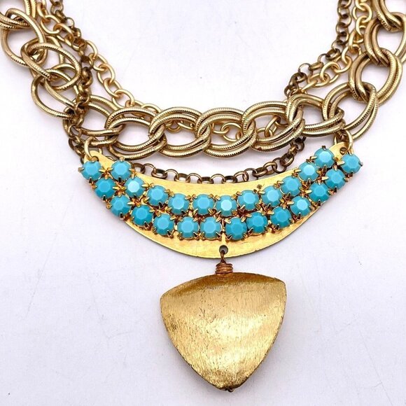 Multi Strand Layered Chain Gemstone Plate Dangle Drop Pendant Necklace - Picture 4 of 5